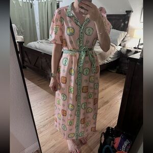 Pink Printed Shirt Dress with Green Trim